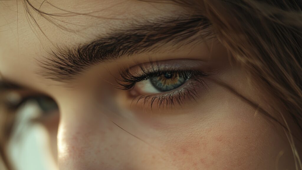 Diese Nahaufnahme zeigt schöne weibliche Augen mit Wimpern, die verlängert werden.
