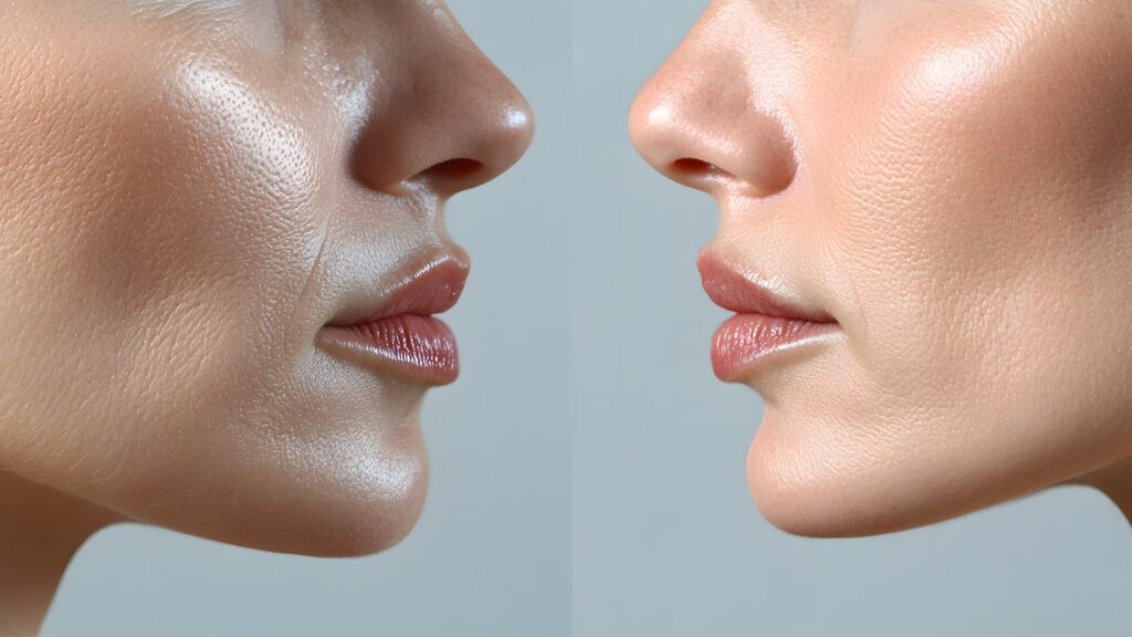 Vorher-Nachher-Bilder im Blog, die glatte Ergebnisse von Faltenbehandlungen wie Dermal Fillern und Microneedling zeigen, hochauflösend, natürliche Farben, fotorealistisch